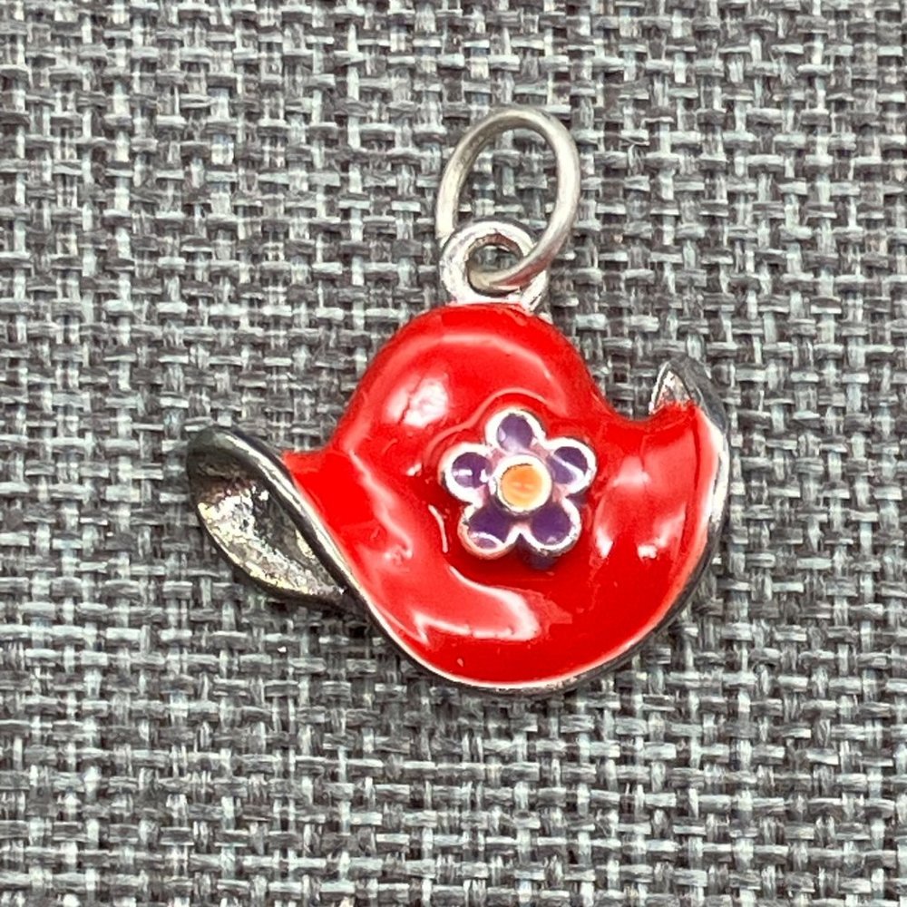Red Hat Society Pendant Charm Red Enamel Purple Flower Silver Retro Soft Girl